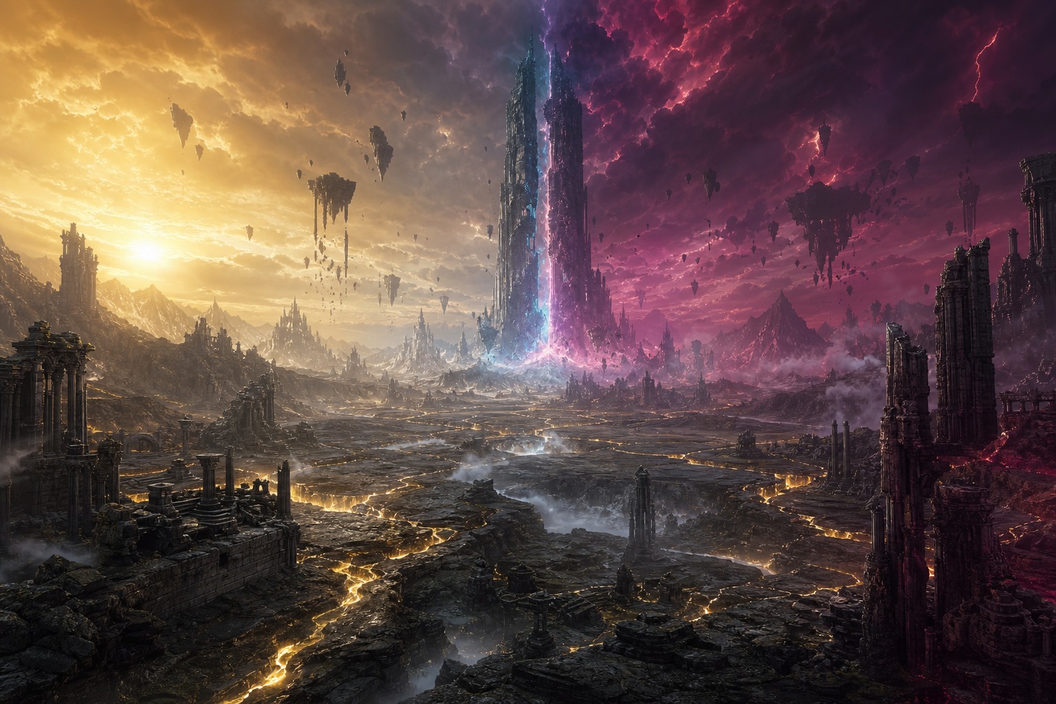 Cataclysm ruin valley under a broken sky